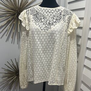Express Cream Crochet Lace Ruffle-Shoulder Blouse